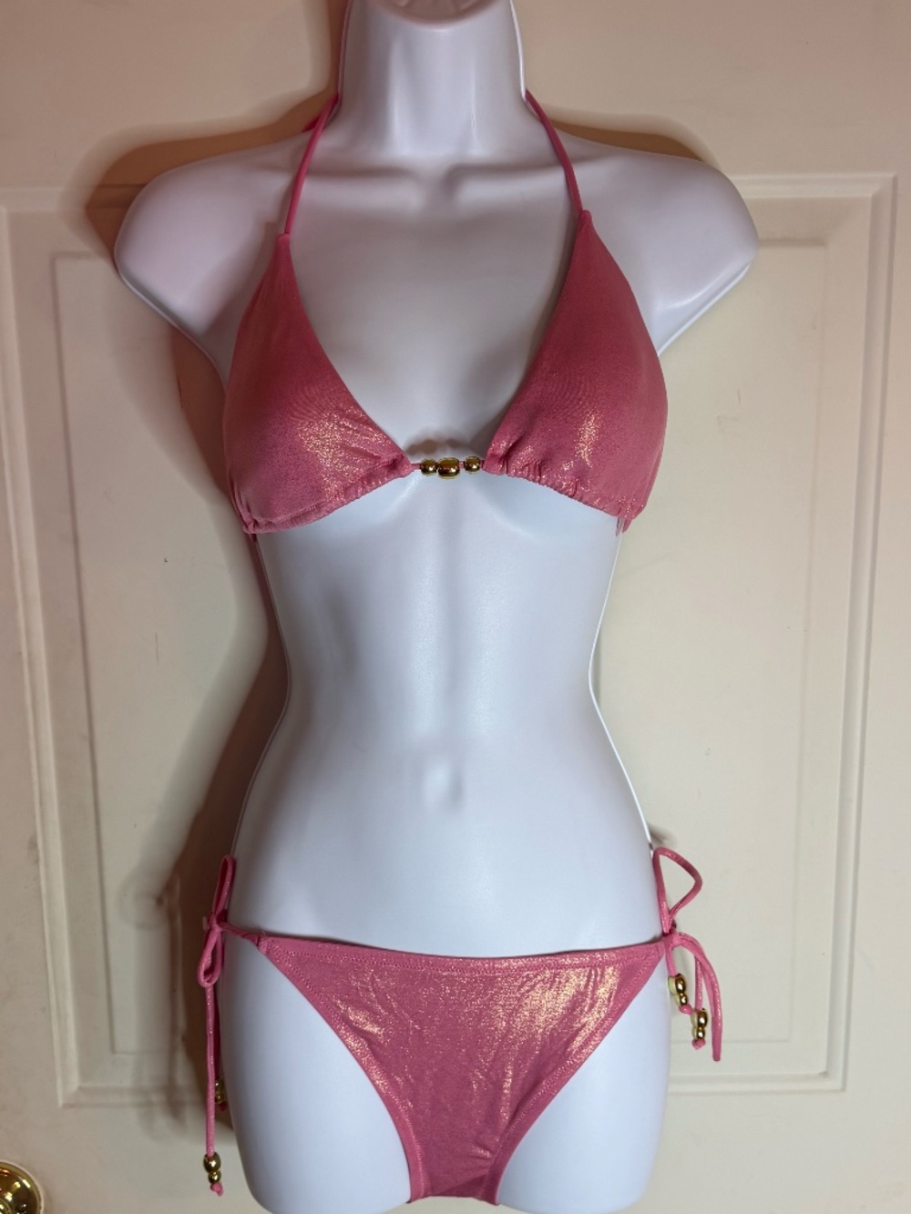 Victoria’s Secret Pink Shimmer Bikini Set Medium Gold Detail Tie Side Sparkly Sw